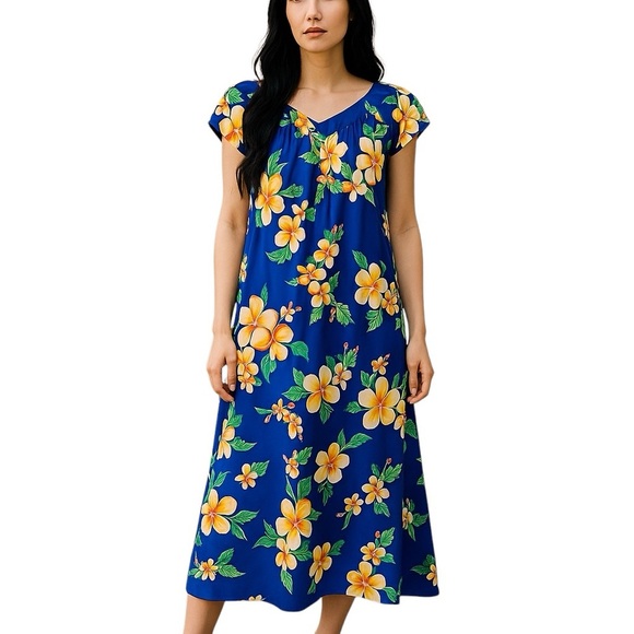 Vintage Dresses & Skirts - Vintage 12 Made In Hawaii Vibrant Blue Floral Hibiscus Maxi Dress Resortwear